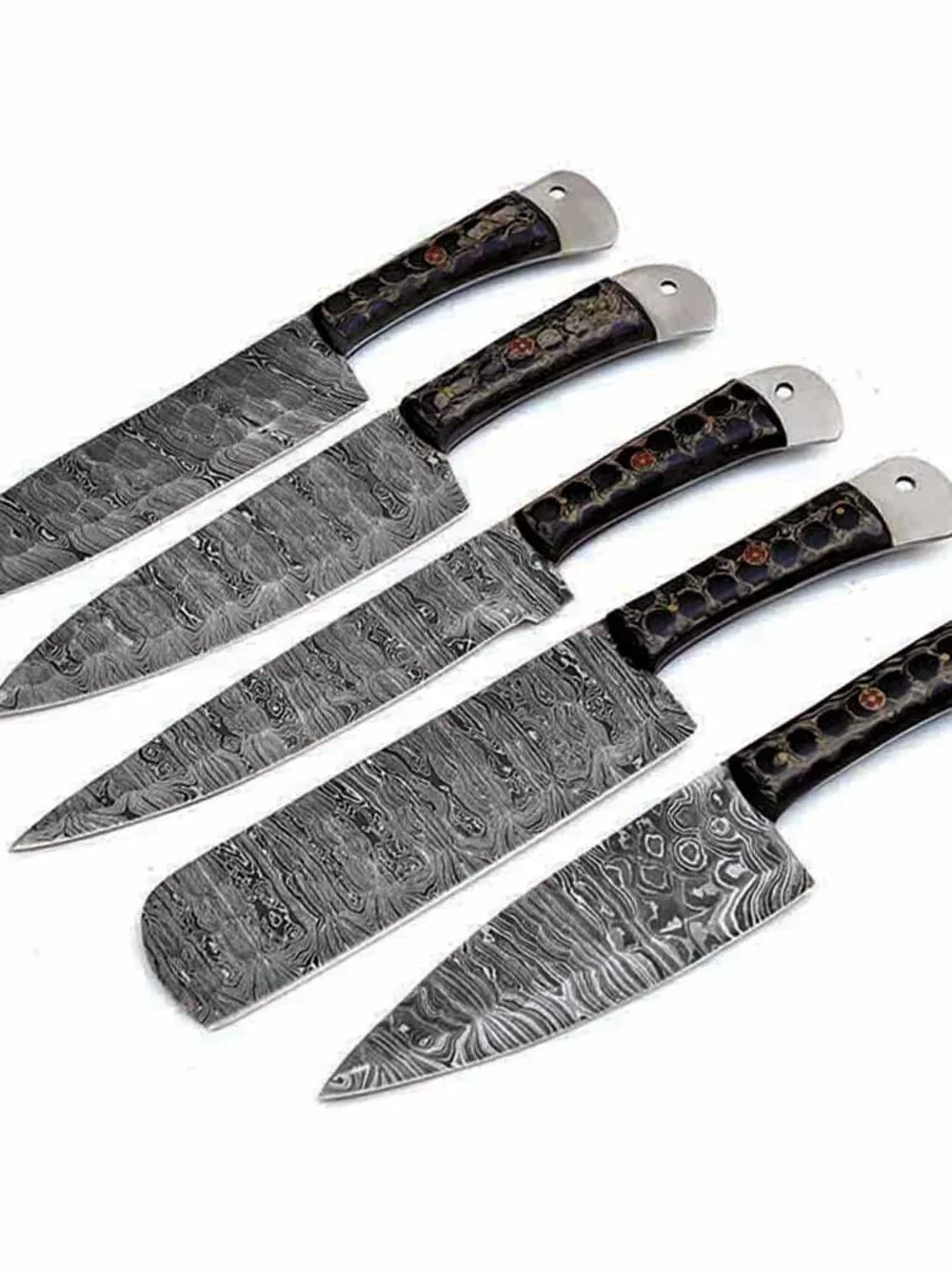Damascus Kitchen Knife Set 5PC Blue Resin Handle Chef Knives